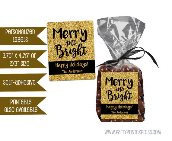Merry and Bright Christmas Label Stickers - Christmas Bag Stickers - Personalized Christmas Gift Candy Bag Label - Gold Glitter Black Il_570xn