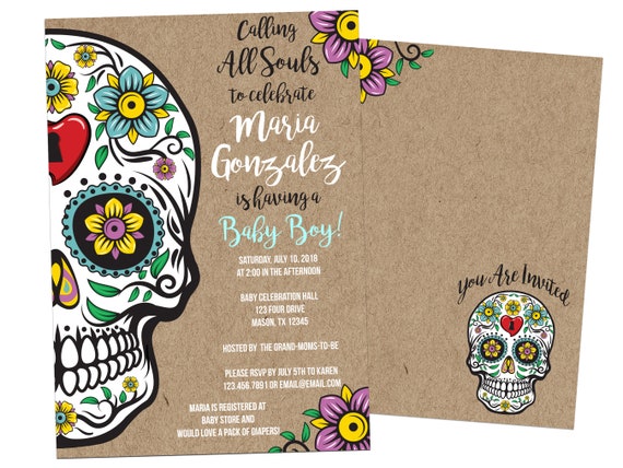 Sugar Skulls Baby Shower Invitations - Boy Girl or Neutral - Day of the Day Halloween Baby Shower Invites - Kraft Rustic Face Mask Design Il_570xn