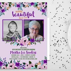 Purple Womans Floral Birthday Invitations - Then Now Photo Ladies élégantes fleurs fête invite - 90e 80e 70e 60e - Lavande Belle