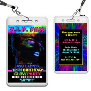 Glow Girls VIP Pass Party Invitations Glow Up Birthday Invites Teen Girl Lanyard Necklaces Admission Rave Passes Rainbow Paint image 1