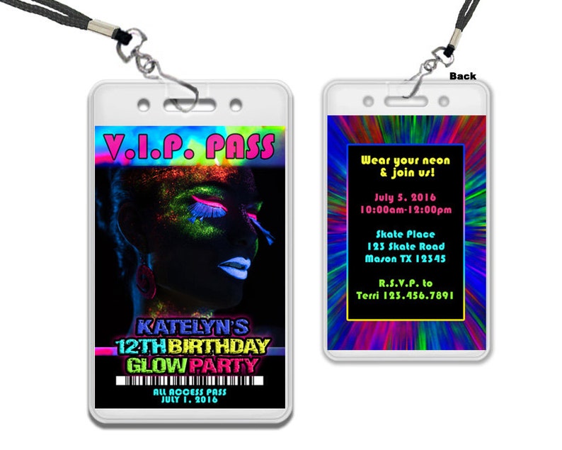 Glow Girls VIP Pass Party Invitations Glow Up Birthday Invites Teen Girl Lanyard Necklaces Admission Rave Passes Rainbow Paint image 1