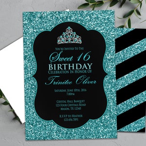 Turquoise Glitter Sweet 16 Birthday Invitations - Tiara Teal Teen Party Invites - Princess Sweet Sixteen Elegant Royal Crown Blue Customized
