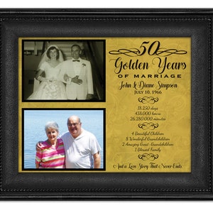 50th Anniversary Then Now Photo Gift Print Gold Wedding Anniversary Photos Parents Couple Elegant black Personalized ideas Fancy image 1