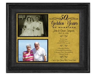 50th Anniversary Then Now Photo Gift Print- Gold Wedding Anniversary Photos - Parents Couple Elegant black Personalized ideas Fancy