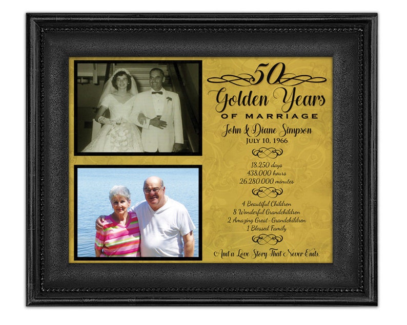 50th Anniversary Then Now Photo Gift Print Gold Wedding Anniversary Photos Parents Couple Elegant black Personalized ideas Fancy image 1