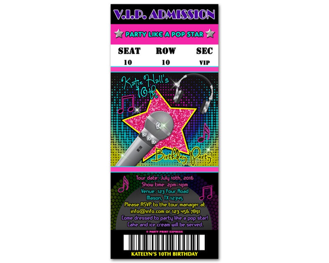 Girl Pop Star Birthday Invitations Neon Pop Star Admission | Etsy