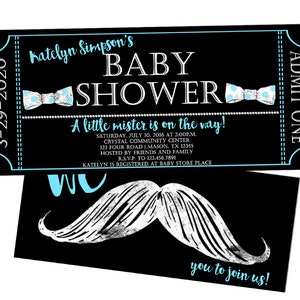 Kleiner Mann Mustache Baby Shower Ticket Einladungen - Junge Fliege Kreide Babyshower Einladungen - Schwarz Weiß Blau - Unikat Junge Shower Party