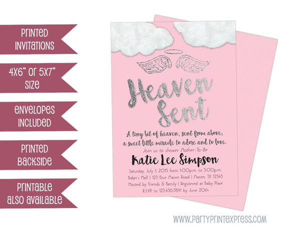 Pink Heaven Sent Baby Shower Invitations Pink Angel Wings Baby