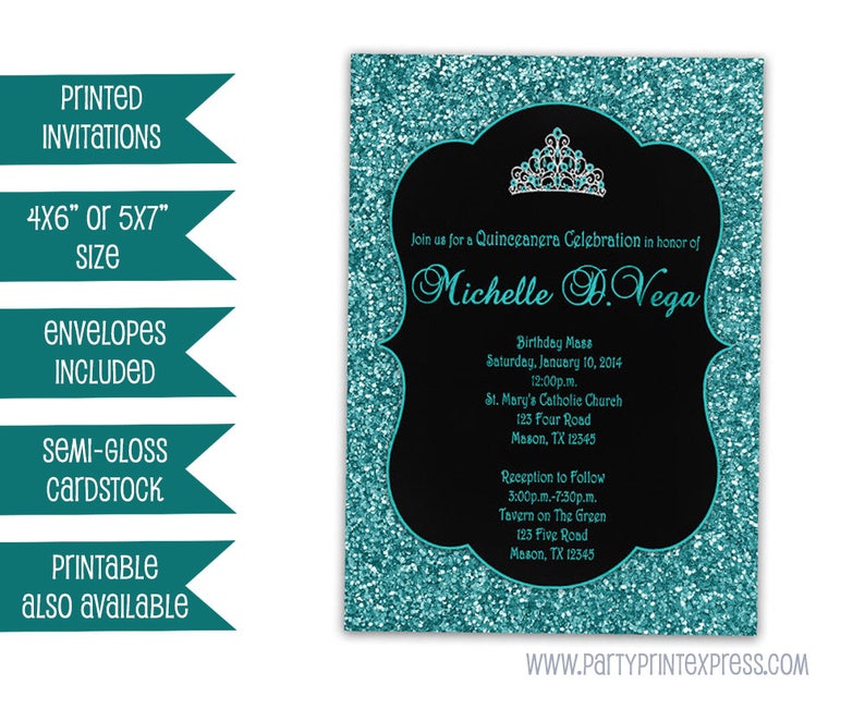 Turquoise Sweet 16 Invitations Blue Glitter Sweet 16 Etsy
