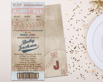 Baseball Gender Reveal Baby Shower Invitation - Baseballs or Bows Baby Shower Invitations - Vintage Baseball Ticket Baby Shower Invite