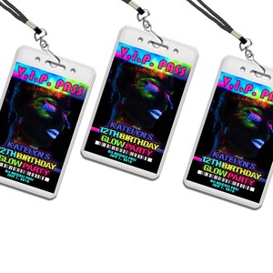 Glow Girls VIP Pass Party Invitations Glow Up Birthday Invites Teen Girl Lanyard Necklaces Admission Rave Passes Rainbow Paint image 3