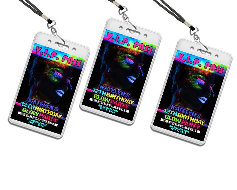 Glow Girls VIP Pass Party Invitations Glow Up Birthday Invites Teen Girl Lanyard Necklaces Admission Rave Passes Rainbow Paint image 3