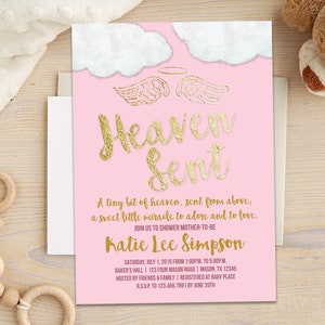 Pink Heaven Sent Baby Shower Invitations - Religious Heaven Girl Baby Shower Invitation Pink Silver Gold Wings Thank Heavens Little Girls