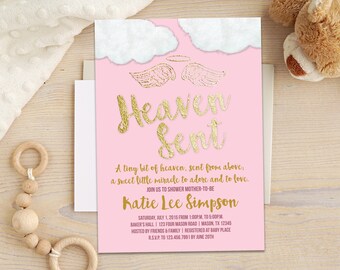 Pink Heaven Sent Baby Shower Invitations - Religious Heaven Girl Baby Shower Invitation Pink Silver Gold Wings Thank Heavens Little Girls