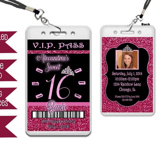 Pink Sweet 16 Invitation VIP Pass Lanyards - Hot Pink Sweet 16 Invitations - Photo Invite - Pink Glitter Sweet 16 Party Favors Tiara Diva Il_570xn
