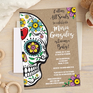 Sugar Skulls Baby Shower Invitations - Pink Blue Boy Girl o Neutral - Día Hispano del Día Baby Shower Invitaciones - Skull Mask Halloween