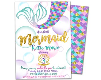 Mermaid Birthday Invitations - Purple Little Mermaid Scales Party Invites - Gold Photo Under The Sea Invite - Mermaid Tail Invites Pink Blue