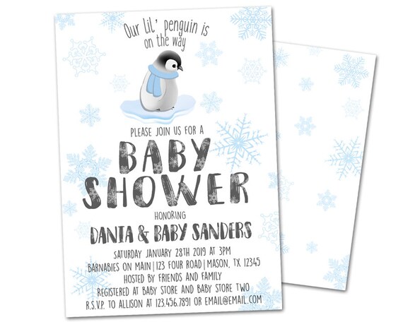 Penguin Baby Shower Invites Boy Blue Snowflake Winter Wonderland Baby Shower Invitation Il_570xn