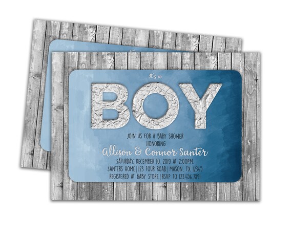 Printable Winter Baby Shower Invitations - Country Its a Boy Baby Shower Invites - DIY Rustic Boy Shower Invitations - Blue Watercolor Wood Il_570xn