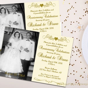 50th Golden Anniversary Invitations - Photo Ivory Vow Renewal 50th Wedding Anniversary Invites - Gold Keepsake - Heart Commemorative