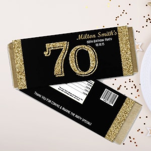 Gold Adult Birthday Party Favors - Milestone Black Candy Bar Wrappers- Man Woman Personalized ANY AGE - Gold Glitter Chocolate Wrappers