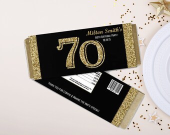 Gold Adult Birthday Party Favors - Milestone Black Candy Bar Wrappers- Man Woman Personalized ANY AGE - Gold Glitter Chocolate Wrappers