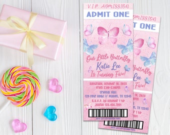 Printable Butterfly Ticket Birthday Invitations - Pink Garden Butterflies Watercolor Party Invites  - Admission Ticket VIP - Girl Birthday