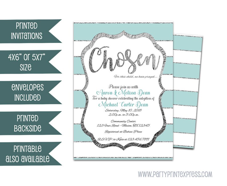 Adoption Baby Shower Invitations Boy Blue Adopted Chosen Prayed Invites And Silver Boys