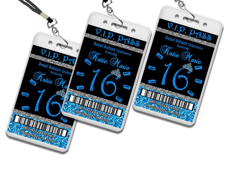 Blue Sweet 16 VIP Pass Lanyard Invitations Blue Glitter Etsy