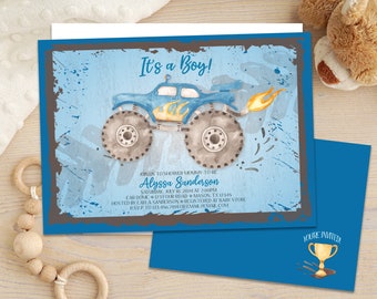 Monster Trucks Baby Shower Invitations - It's a Boy Blue Truck Baby Shower Party Invites -  Race Car Country Redneck Vintage Design