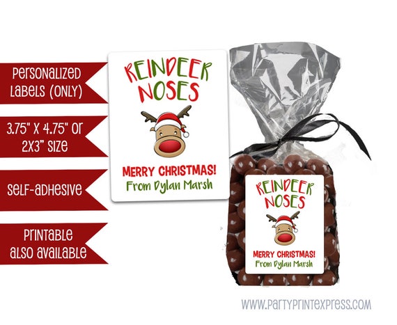 Reindeer Noses Bag Labels - Christmas Bag Stickers - Personalized Christmas Gift Candy Bag Label - Reindeer Bag Labels - Kids Class Stickers Il_570xn