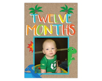 Dinosaur 1st Birthday Banner - Dinosaur Banner - 12 month Photo Bunting -  Boy 1st Birthday - Dino Keepsake garland - First Birthday Decor