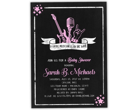 Pink Rock Star Baby Shower Invitations - Girl Rock N Roll Baby Shower Invite - Girl Guitar Baby Shower Invitation - Pink Chalk Baby Shower Il_570xn