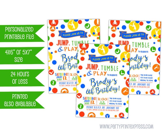 Printable Gym Birthday Invitations - Gymnastic Invite - Boy Gym Party ...