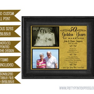 50th Anniversary Then Now Photo Gift Print Gold Wedding Anniversary Photos Parents Couple Elegant black Personalized ideas Fancy image 3