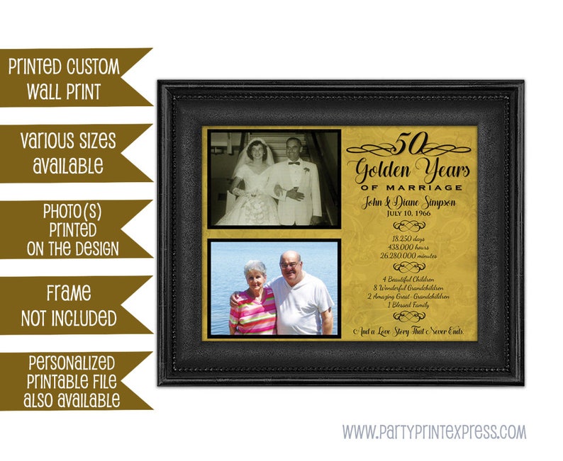 50th Anniversary Then Now Photo Gift Print Gold Wedding Anniversary Photos Parents Couple Elegant black Personalized ideas Fancy image 3