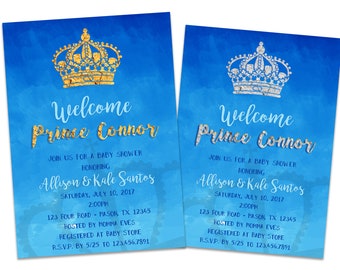 Blue Royal Prince Boys Baby Shower Invitations - Gold or Silver Accents, Personalized, Royalty Crown, Little It's a Boy Shower Invites