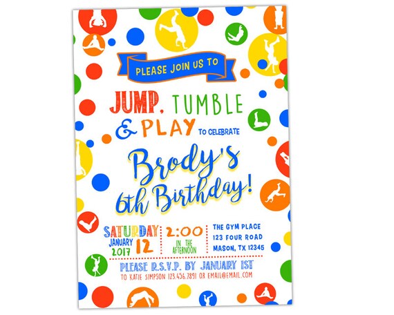 Jump Tumble Play Birthday Invitations - Gym Birthday Invitation - Gym Party Invite - Colorful Jump Birthday Invitations Boy or Girl Printed Il_570xn