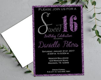 Glitter Sweet 16 Birthday Invitations, Black and Blue, Red, Purple, Turquoise, Pink - Elegant Classy Trendy Teen, Personalized Custom Invite