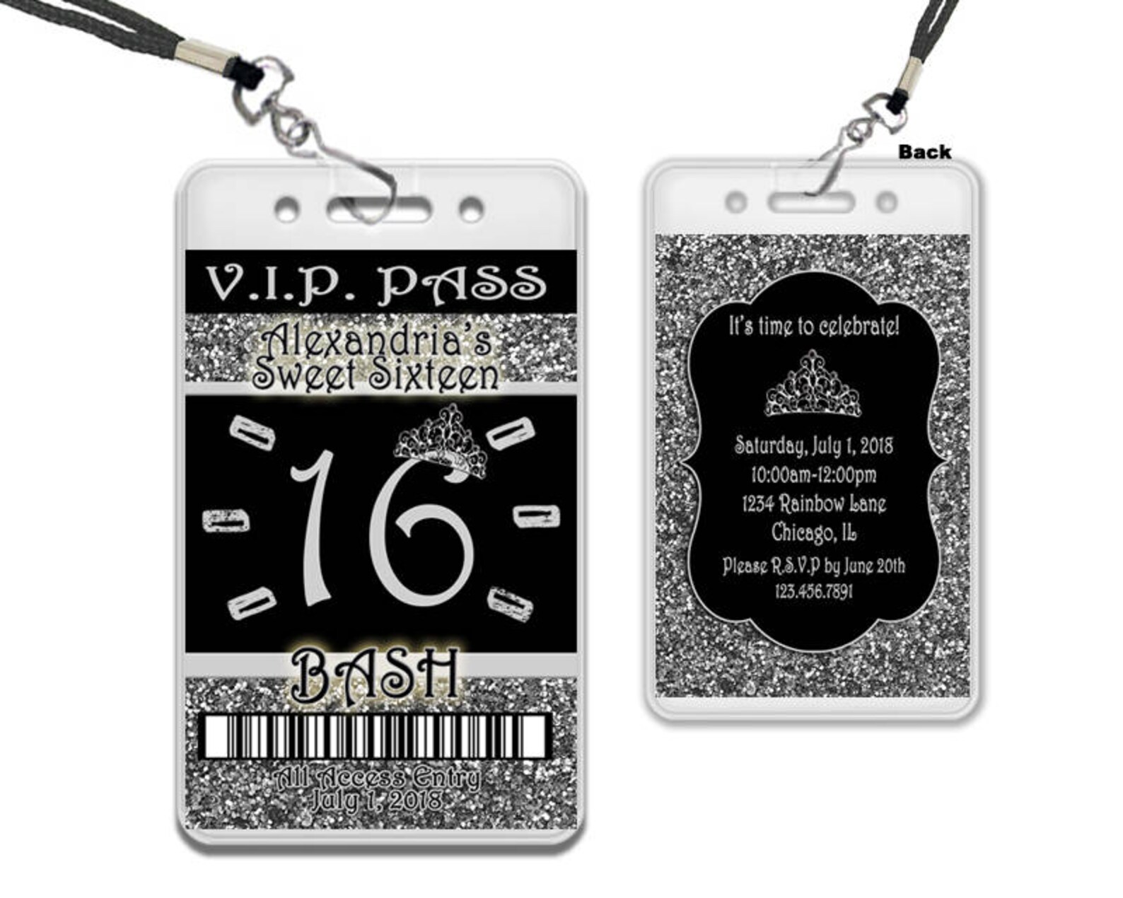 Silver Sweet 16 VIP Pass Invitation Lanyard Silver Glitter Etsy