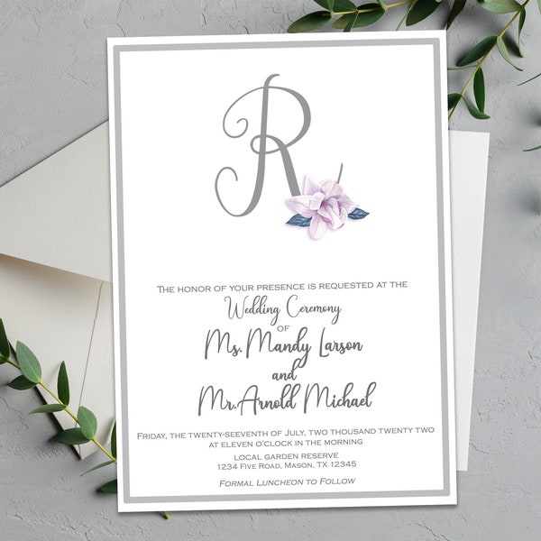 Purple Magnolia Wedding Invitations - Classy Elegant Grey Lavender Purple Wedding Ceremony Invites  - Southern Magnolias Custom Monogram