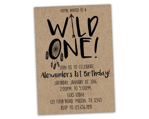 Printable Wild One Invitations - Boy 1st Birthday Invitations - Kraft Tribal Arrow Feathers Dream Catcher - DIY Digital Invite Il_570xn