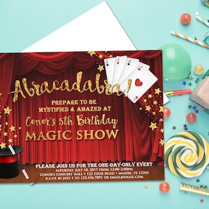 Invitations d'anniversaire de spectacle de magie - Invitation magique - Invitation magique - Chapeau haut de forme de cartes à jouer - Invitation de rideau de spectacle - Garçon Fille Adulte Enfants