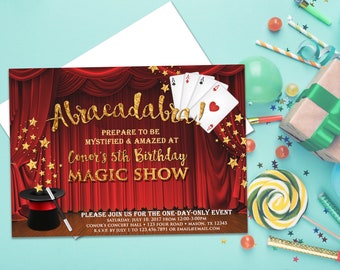 Magic Show Birthday Invitations - Magic Invitation - Magic Invite - Playing Cards Top Hat - Show Curtain Invitation - Boy Girl Adult Kids
