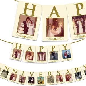 Photo Anniversary Banner - 60th 25th 50th ANY - Gold Diamond Anniversary Party - Then Now Photos Banner - 40 Anniversary Couple Gift - Ivory