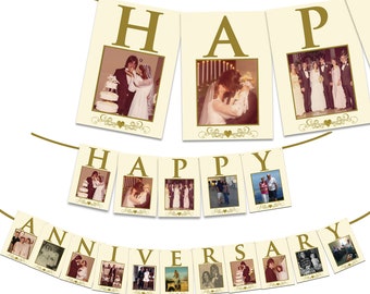 Photo Anniversary Banner - 60th 25th 50th ANY - Gold Diamond Anniversary Party - Then Now Photos Banner - 40 Anniversary Couple Gift - Ivory