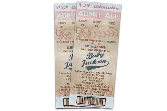 Printable Baseball or Bows Baby Shower Invitations - Baseball Gender Reveal Ticket Invitation - Baseball Gender Neutral Shower Invites Il_570xn