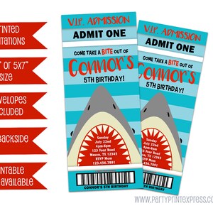 Shark Ticket Invitation Boy Shark VIP Admission Ticket Invites Bite Out Of Birthday Invite Little Shark Party Printed Shark Invites image 2