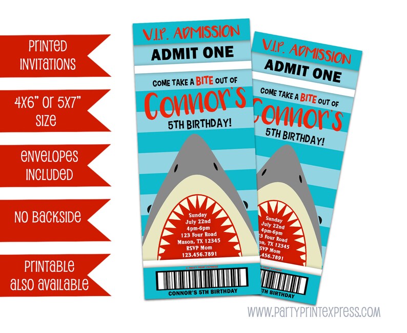 Shark Ticket Invitation Boy Shark VIP Admission Ticket Invites Bite Out Of Birthday Invite Little Shark Party Printed Shark Invites image 2