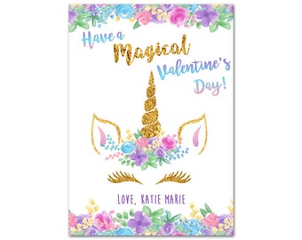 Personalized Girls Unicorn Valentines Cards - Gold Purple Pink Unicorn Head Valentines - Magical Enchanted Pastel Floral Classroom Kids